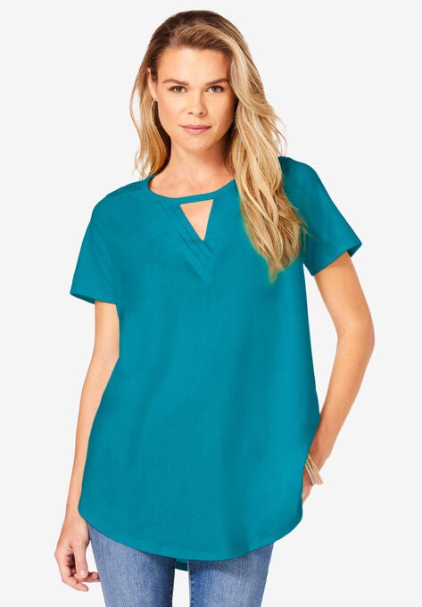 Keyhole Pleated Short-Sleeve Ultimate Tee, DEEP TURQUOISE, hi-res image number null