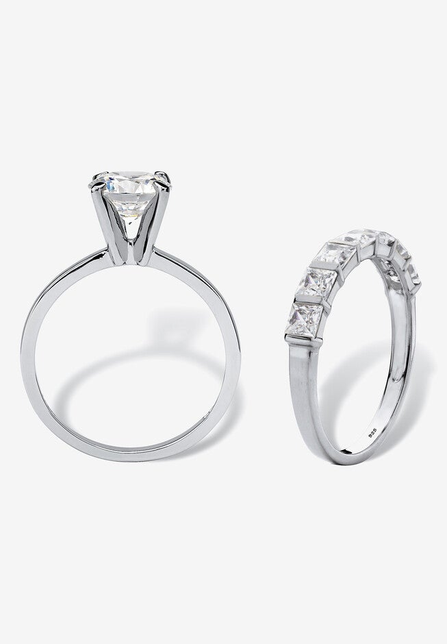 3.82 Cttw. Cubic Zirconia Platinum-Plated Silver 2-Piece Bridal Ring Set, , on-hover image number null