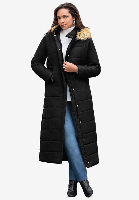 Maxi Length Quilted Parka With Hood Plus Sizefaux Fur Coats