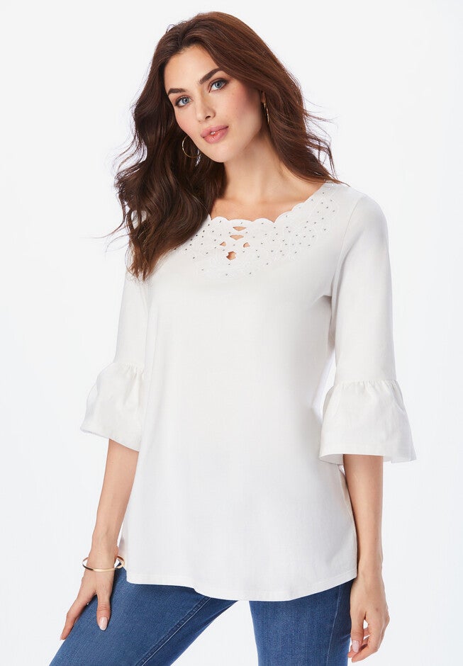 Eyelet-Embroidered Ruffle-Sleeve Tunic., WHITE EMBELLISHED EYELET, hi-res image number 0