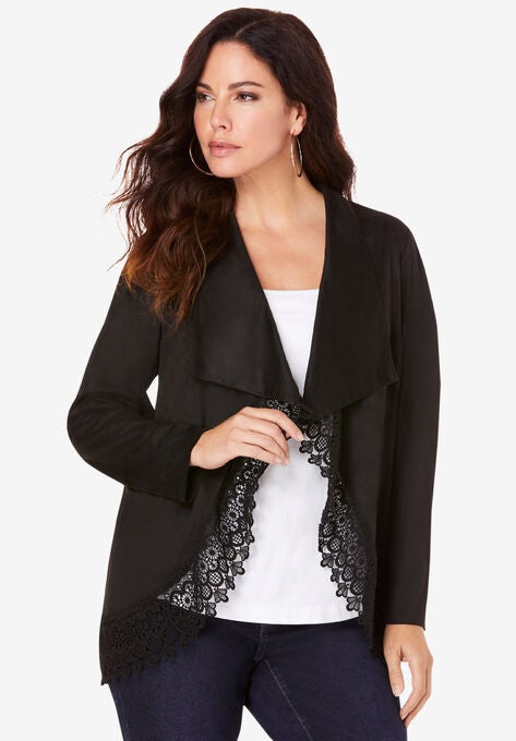 Crochet-Trimmed Faux-Suede Jacket, BLACK, hi-res image number null