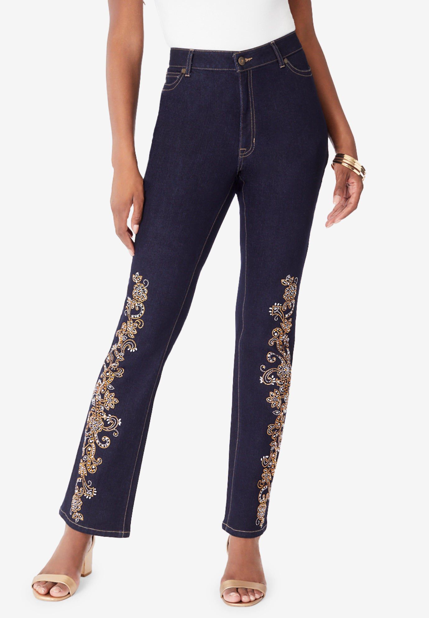 Plus Size Rhinestone-Detailed Bootcut Jean, INDIGO FLORAL BEADING, hi-res image number 0