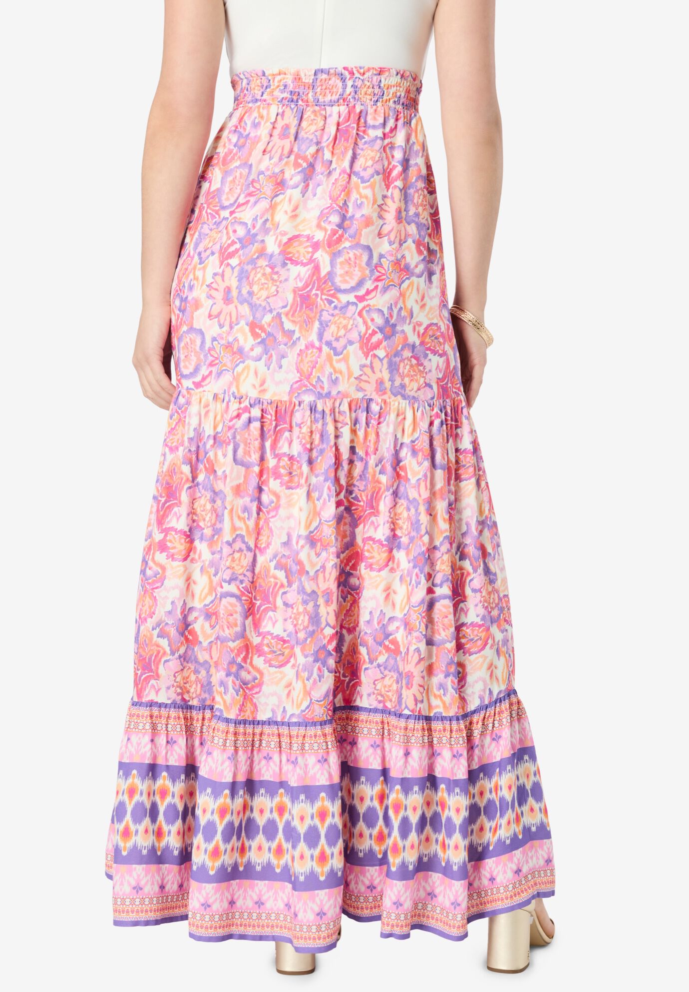 Plus Size Tiered Maxi Skirt, FLORAL IKAT BORDER, on-hover image number 1