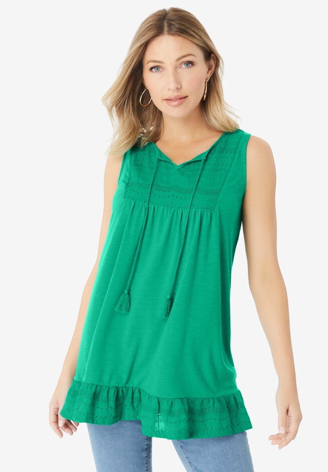 Eyelet-Trim Flounce Tank, TROPICAL EMERALD, hi-res image number 0