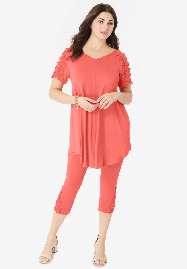 Lace-Shoulder Ultra Femme Tunic, SUNSET CORAL, hi-res image number null