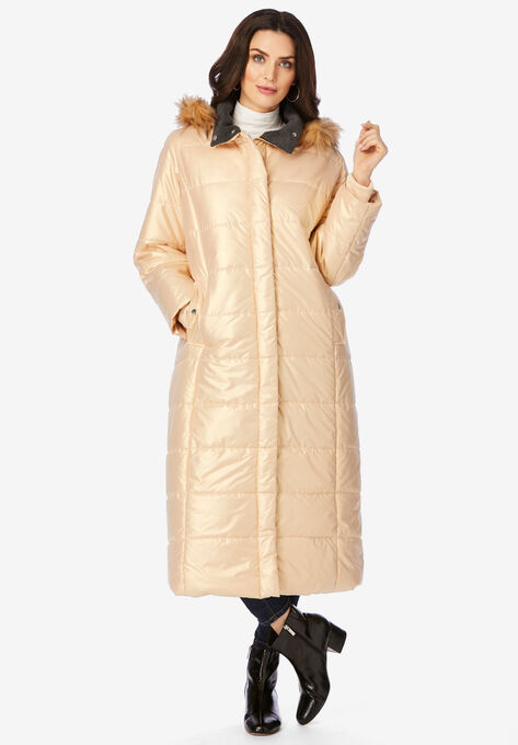Maxi-Length Puffer Jacket with Hood, SPARKLING CHAMPAGNE, hi-res image number null