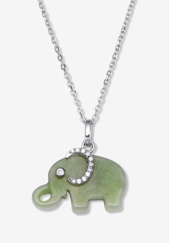Genuine Green Jade Cz Silvertone Elephant Pendant Necklace, 18 Inch Chain, GREEN, hi-res image number null