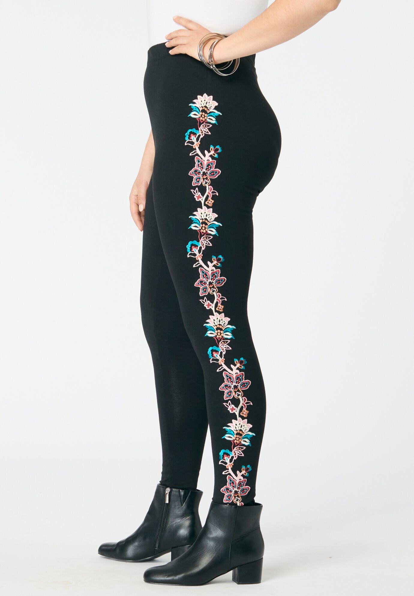 Side Embellished Legging, BLACK FLORAL EMBROIDERY, alternate image number 2