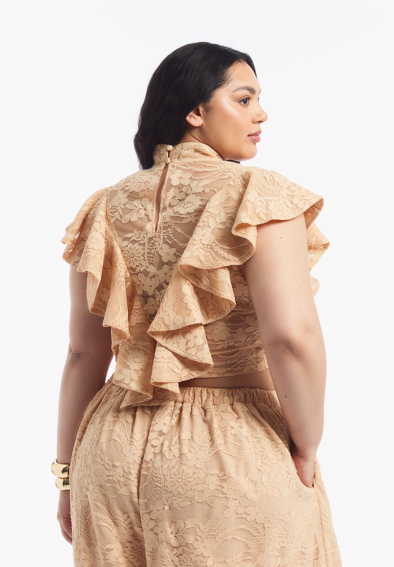 Floral Lace Ruffle Top, MELLOW BUFF, alternate image number 2