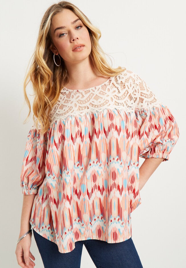 Blouson-Sleeve Crochet Yoke Blouse., , alternate image number null