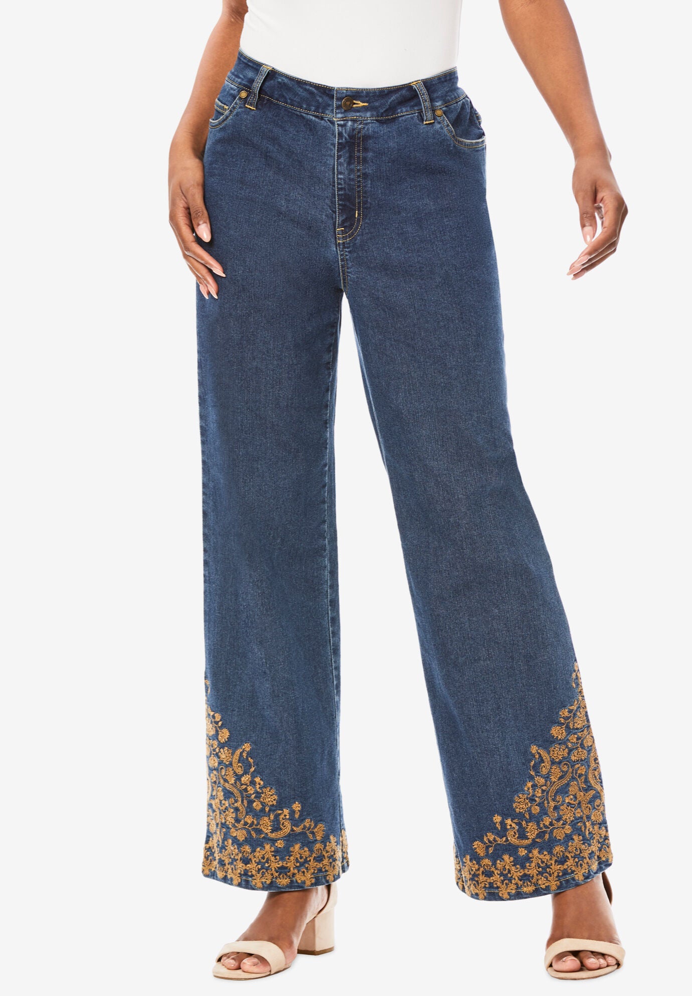 Invisible Stretch&reg; Contour Embroidered Wide-Leg Jean, MEDIUM EMBROIDERED SCROLL, hi-res image number 0