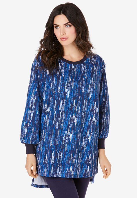Blouson Sleeve High-Low Sweatshirt, NAVY BLUE SPECKLE, hi-res image number null