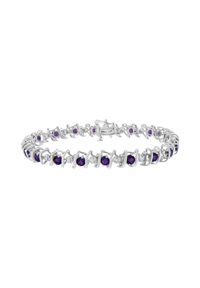Sterling Silver Gemstone & Round Diamond Tennis Bracelet Purple Amethyst February Birthstone, WHITE, hi-res image number null