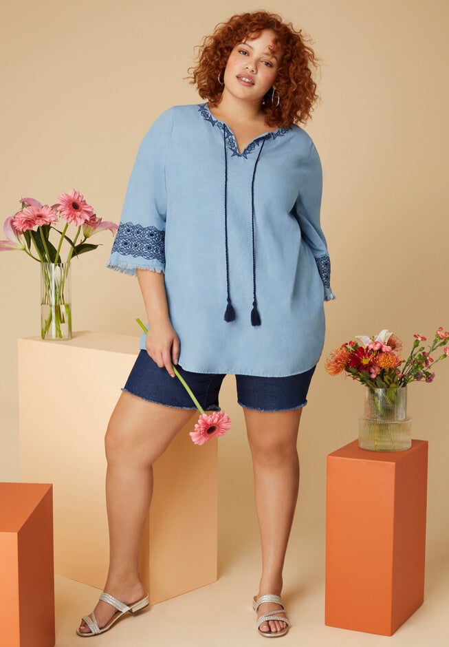 Fringe Denim Blouse, DENIM GEO EYELET, hi-res image number 0