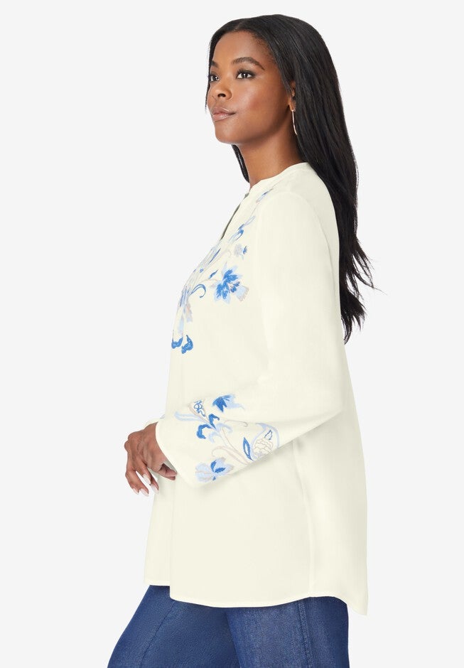 Notch-Neck Embroidered Blouse, , alternate image number null