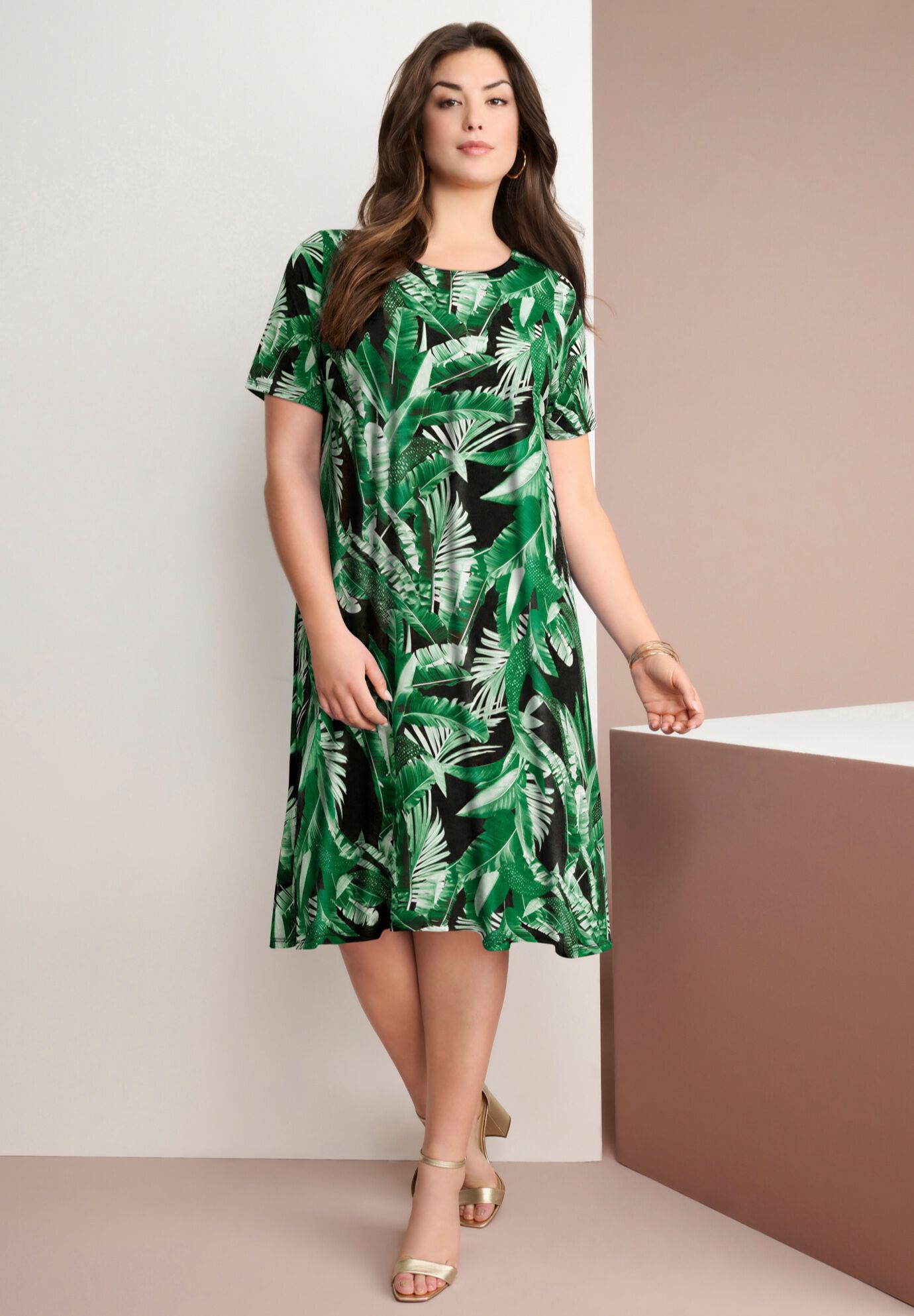 Stretch Knit Short Sleeve Swing Dress with Pockets, GREEN PALM LEAVES, hi-res image number 0