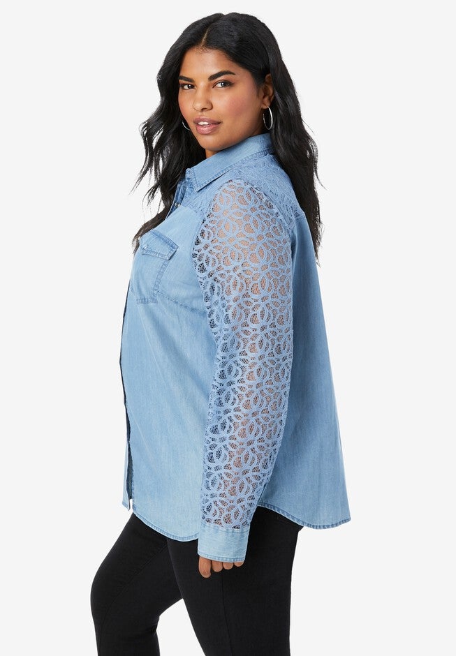 Lace-Sleeve Denim Big Shirt, , alternate image number 2