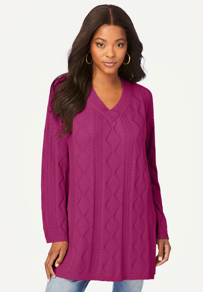 Diamond Stitch V-Neck Sweater, RASPBERRY, hi-res image number 0