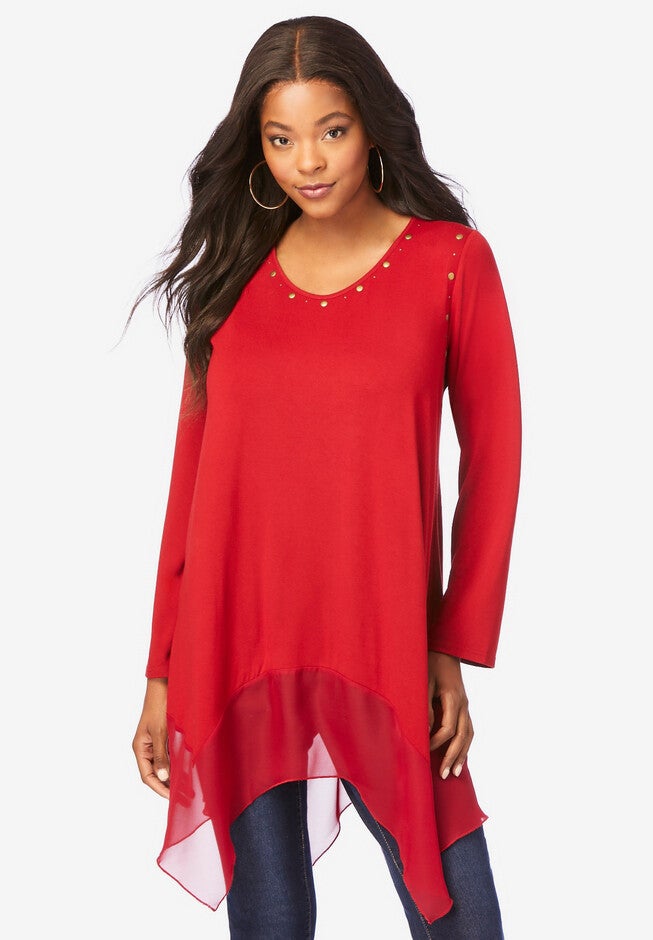Studded V-Neck Ultra Femme Tunic, CLASSIC RED, hi-res image number null