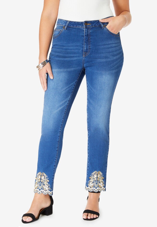 Embellished Straight-Leg Ankle-Length Jean, STONEWASH PAISLEY EMBELLISHMENT, hi-res image number null