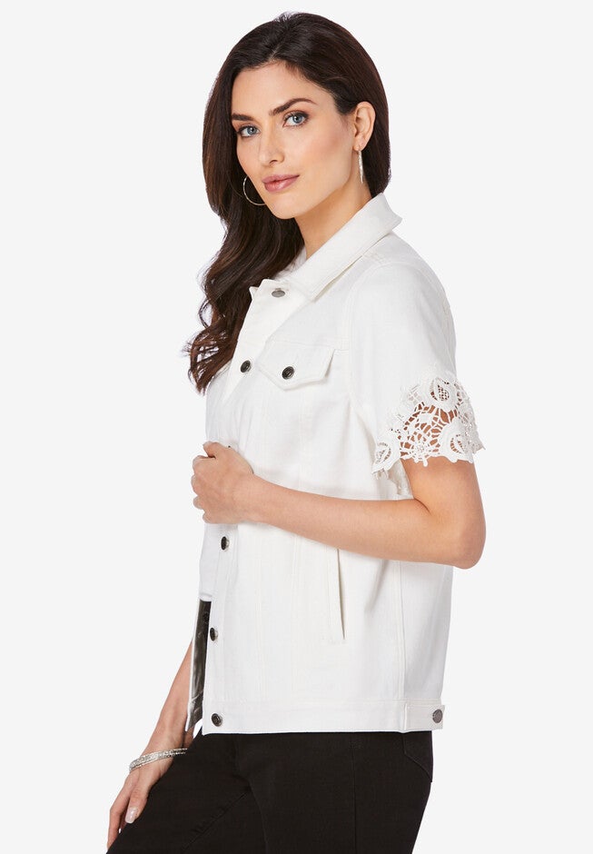 Short-Sleeve Lace Denim Jacket, , alternate image number 2