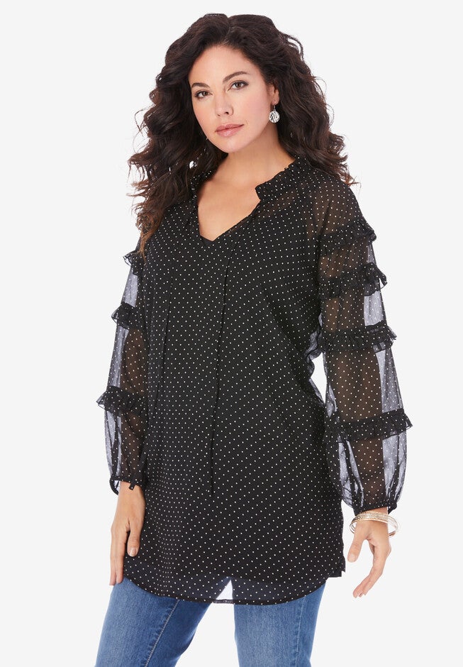 Ruffle Blouse, BLACK POLKA DOTS, hi-res image number null