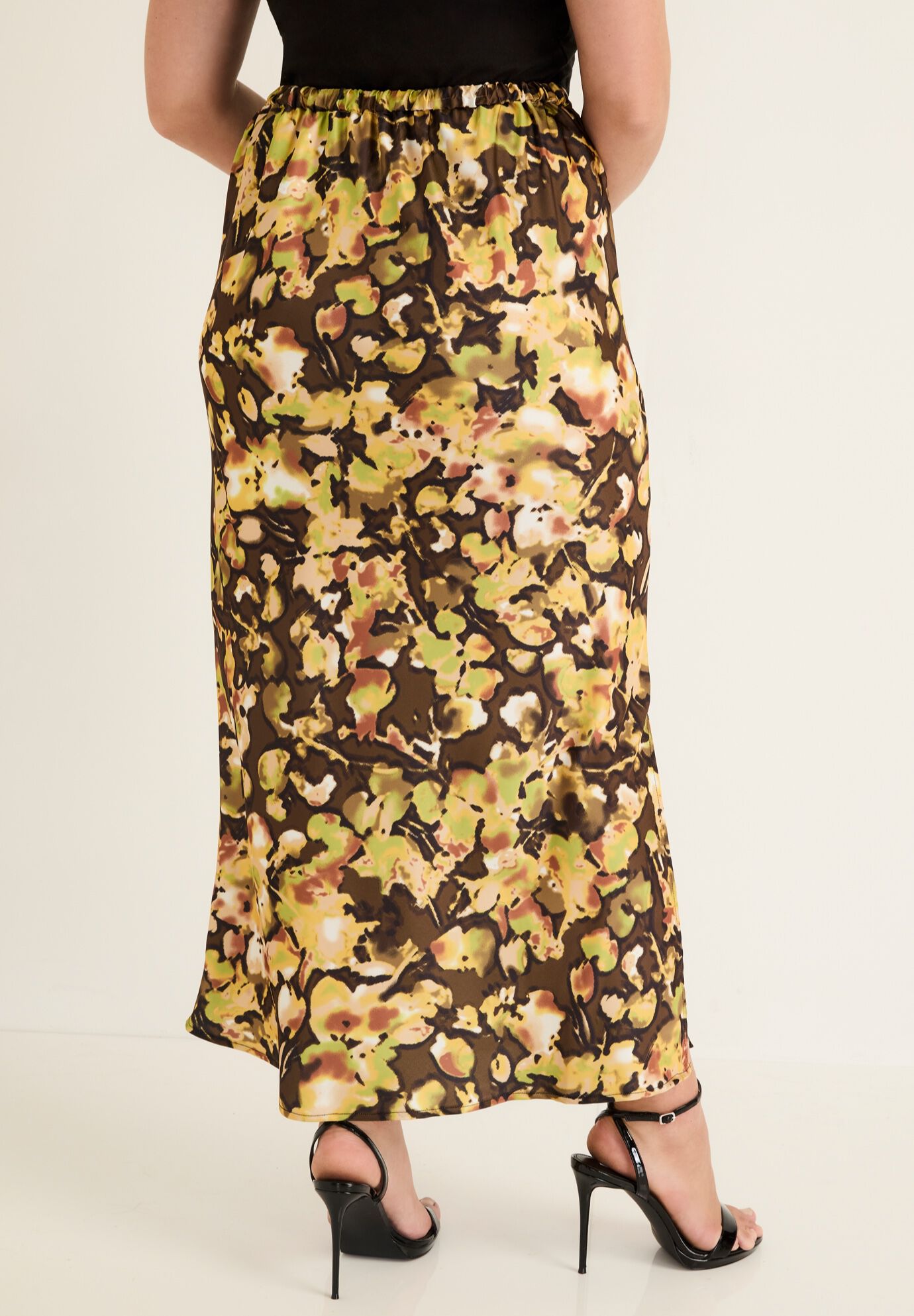 Satin Side-Slit Midi Skirt, WATERCOLOR FLORAL, on-hover image number 1