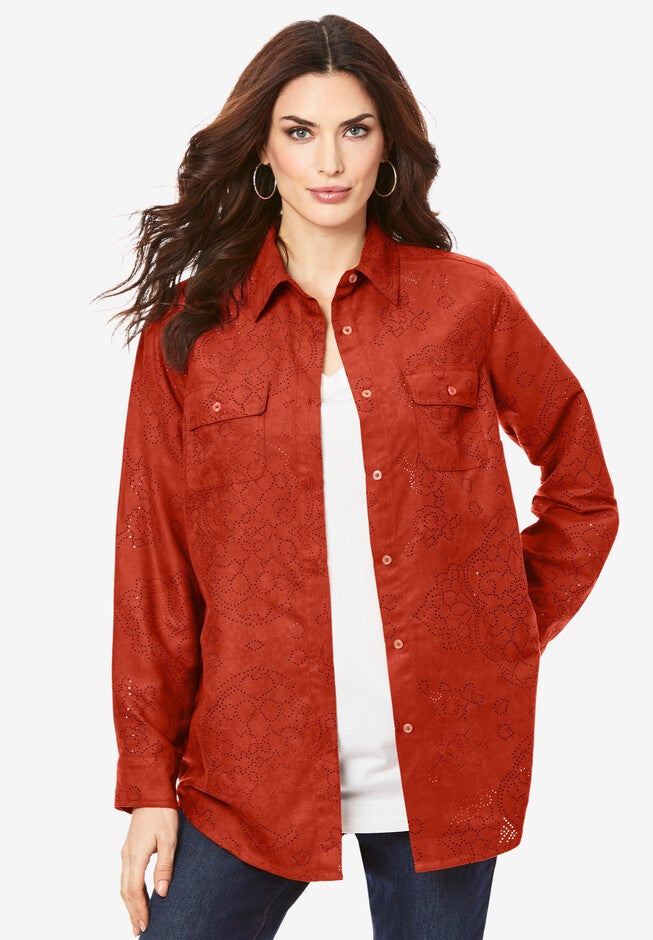 Faux Suede Lazer-Cut Big Shirt, COPPER RED OPEN MEDALLION, hi-res image number null