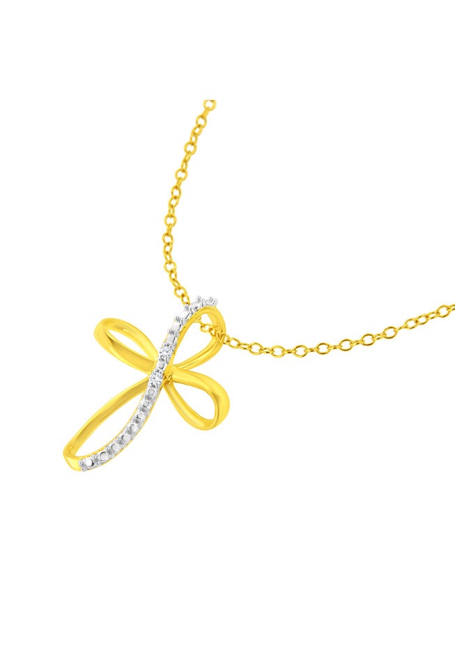 Yellow Gold Plated Sterling Silver Diamond Accent Cross Ribbon Pendant Necklace, , alternate image number 2
