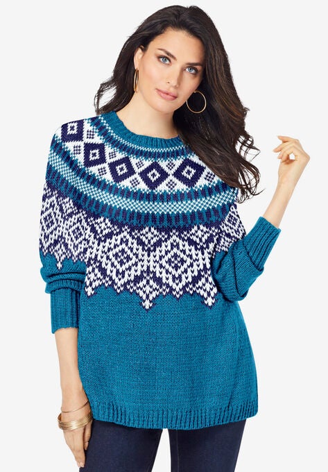Fair Isle Sweater, DEEP TEAL COZY FAIR ISLE, hi-res image number null