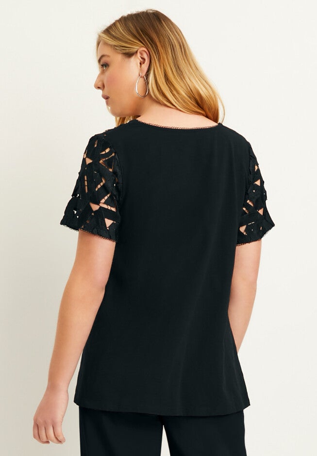 Crochet-Sleeve V-Neck One + Only Tee, , on-hover image number null