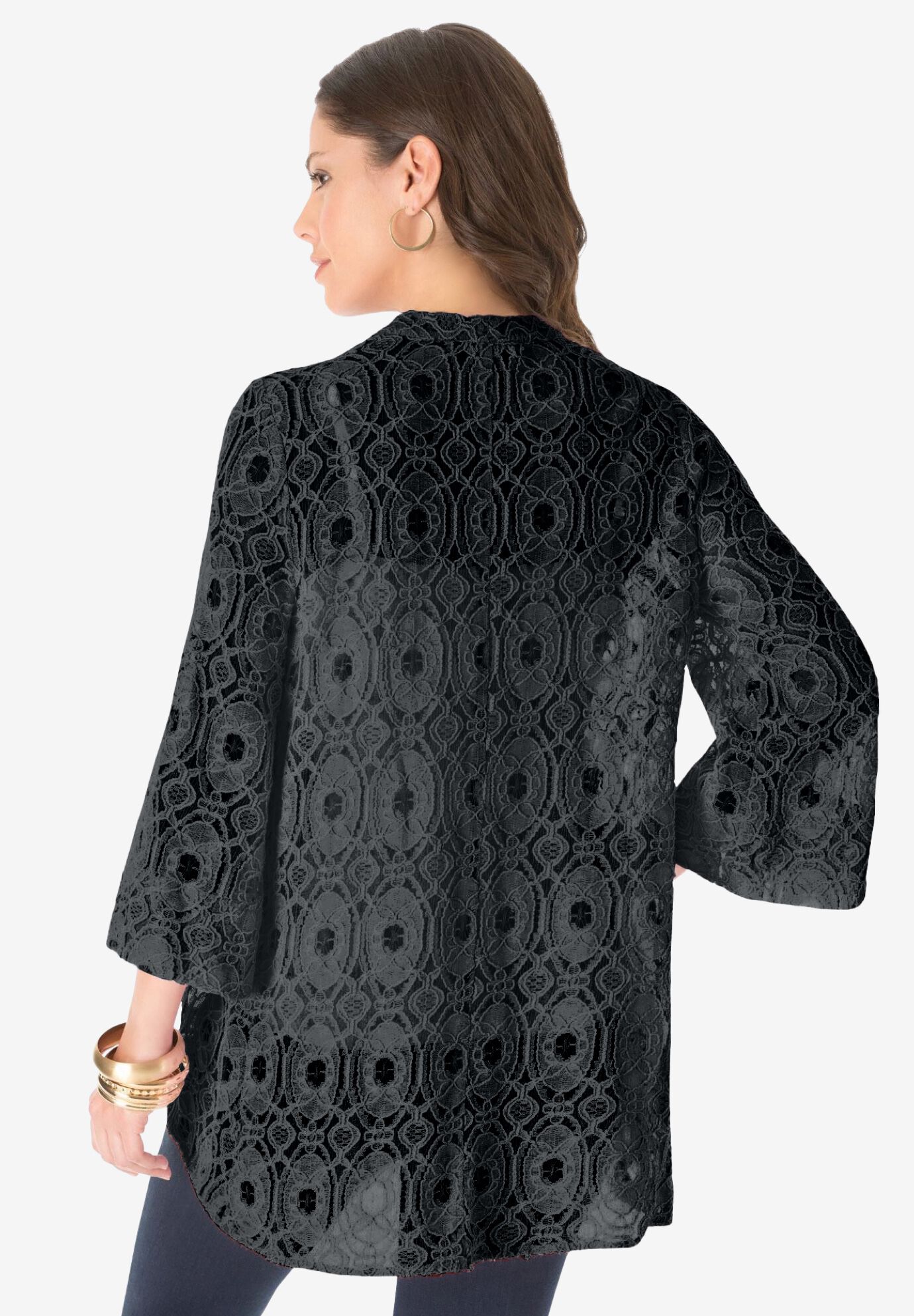 Plus Size Lace Three-Quarter Sleeve Swing Jacket, WHITE, on-hover image number 1