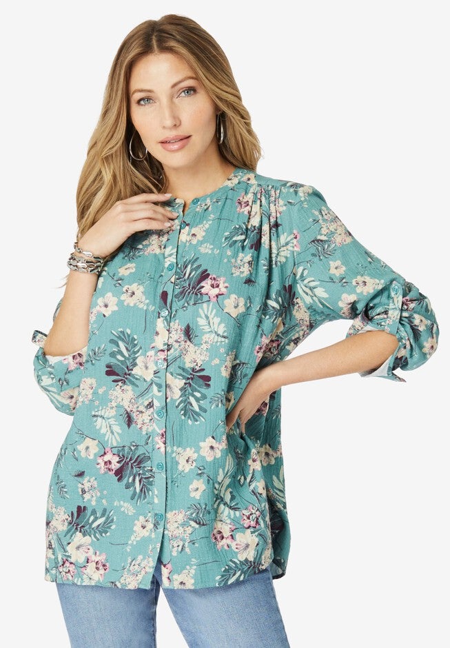 Button-Front Printed Tunic, SAGE BOTANICAL FLORAL, hi-res image number 0