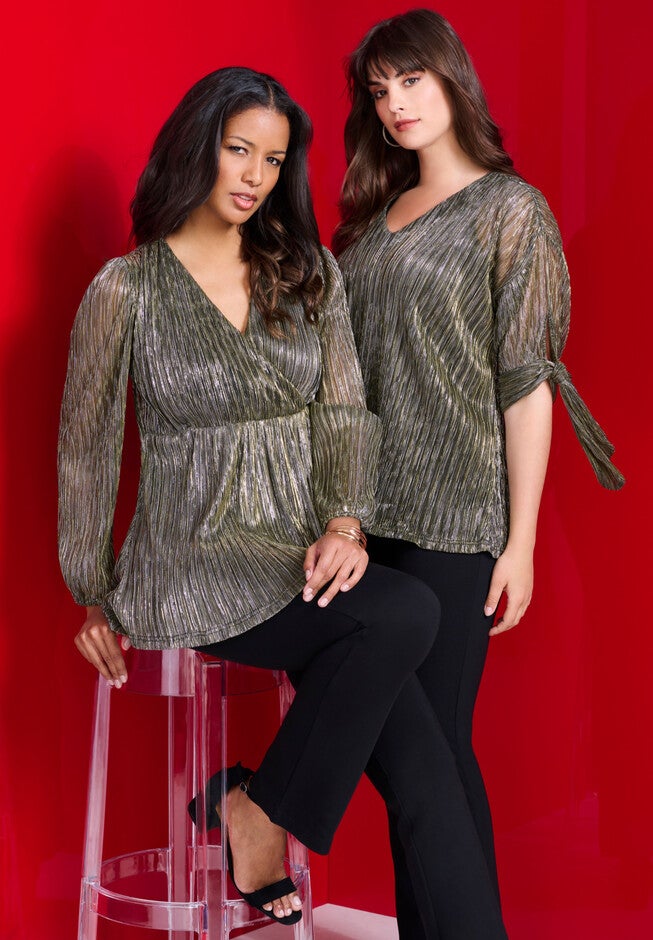 V-Neck Tie-Sleeve Plisse Blouse, , alternate image number null