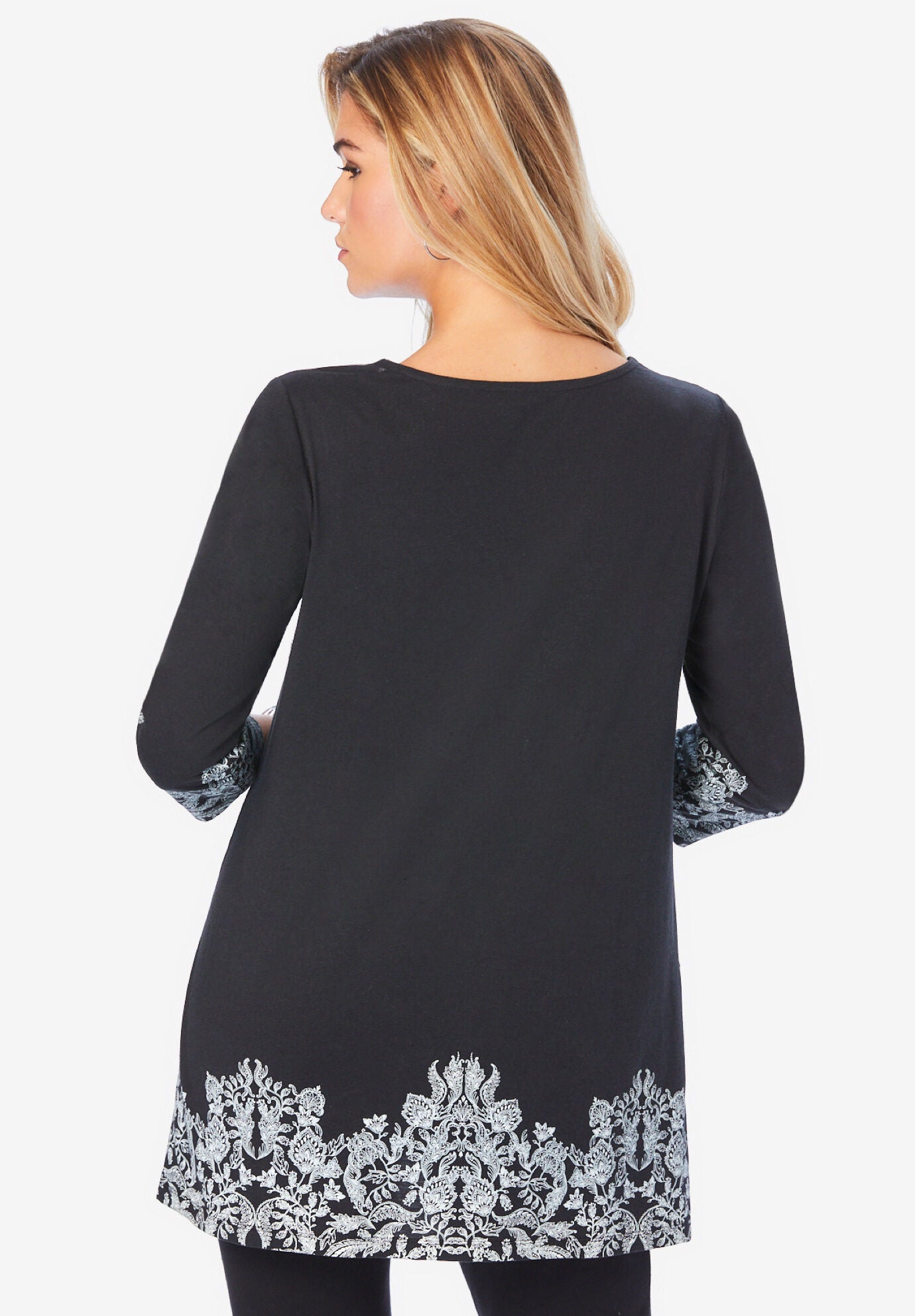 Ultra Drape V Neck Lace Print Tee, WHITE SKETCHED PAISLEY, on-hover image number 1