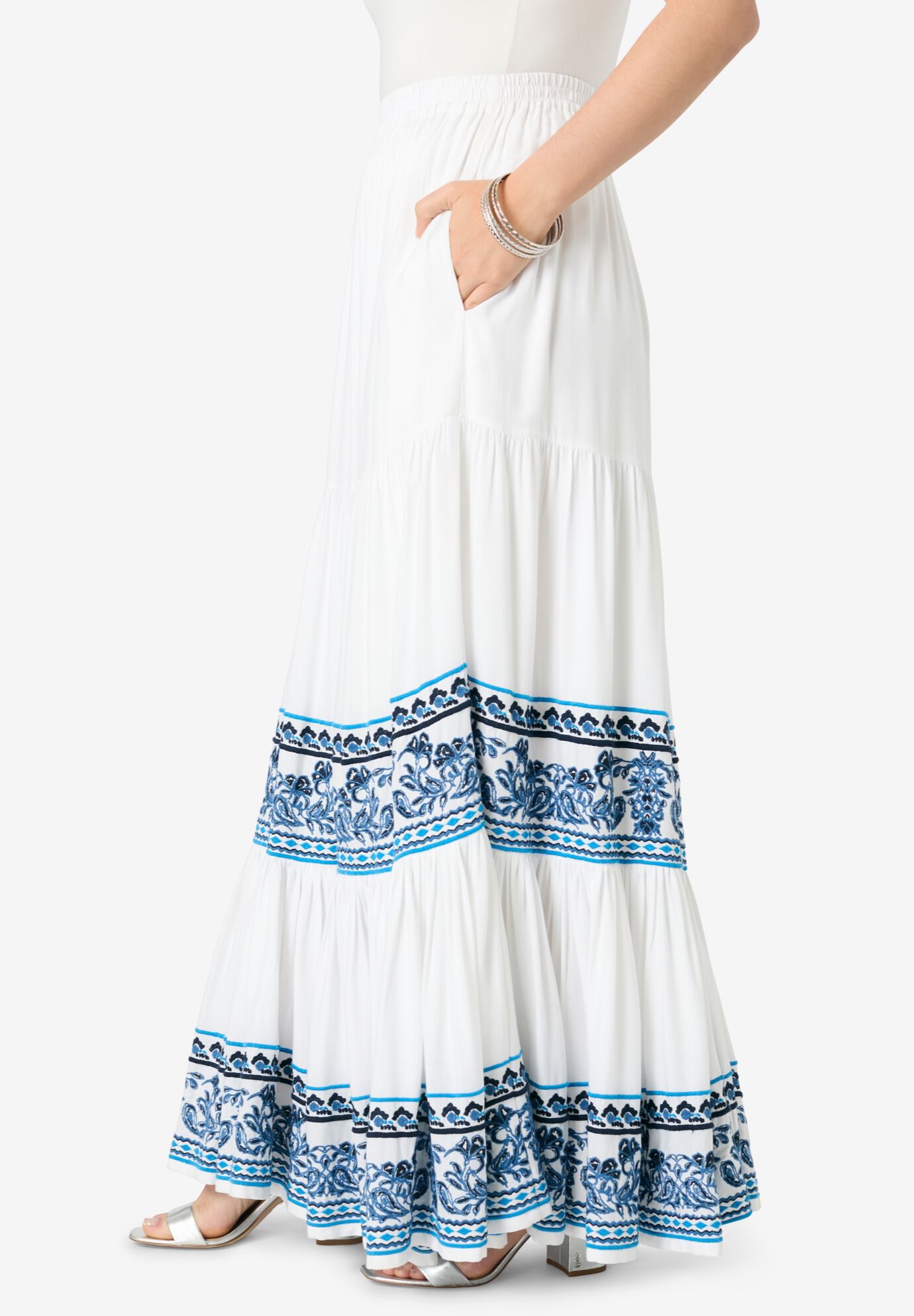 Plus Size Tiered Maxi Skirt, WHITE PORCELAIN EMBROIDERY, alternate image number 2