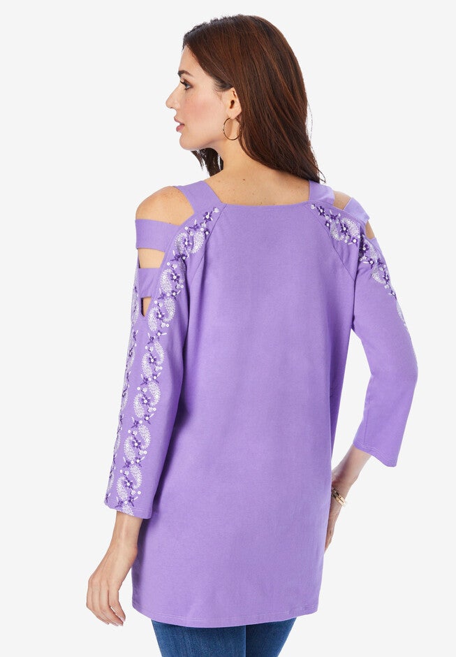 Embroidered Cold-Shoulder Top, , on-hover image number 1