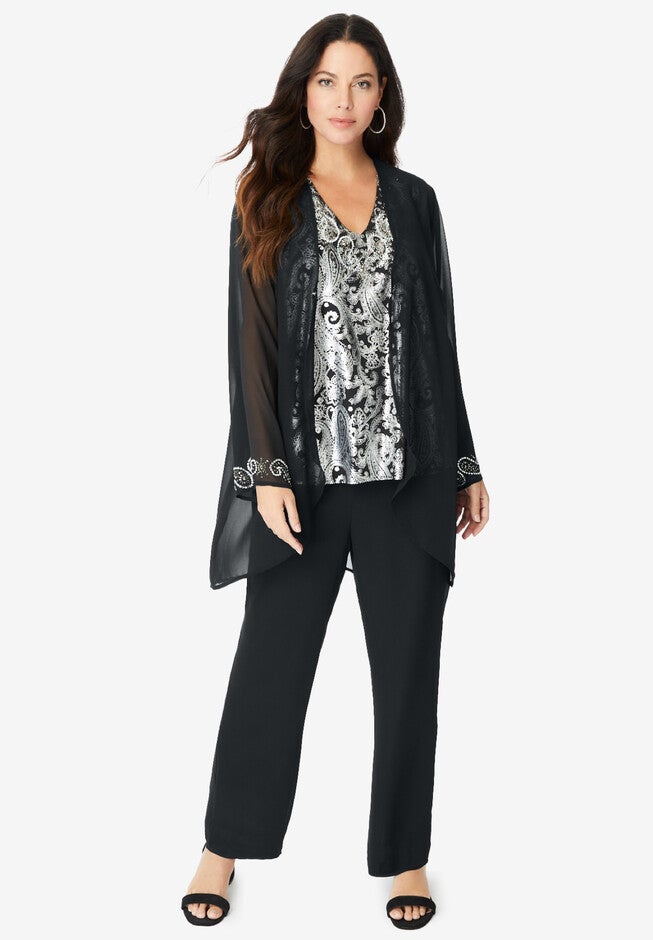 Foil-Print Georgette Pant-Set., BLACK JEWEL PAISLEY, hi-res image number null