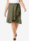 Faux Wrap Skirt with Ruffle Hem, DARK OLIVE GREEN, hi-res image number null