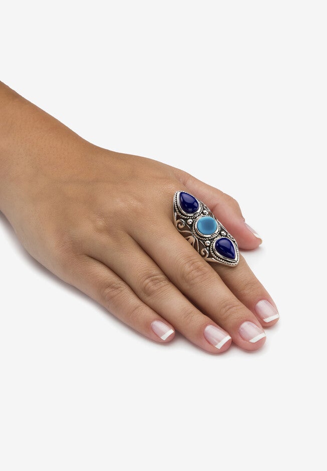 Simulated Turquoise And Sapphire Antiqued .925 Silver Boho Scroll Ring Jewelry, , alternate image number 2