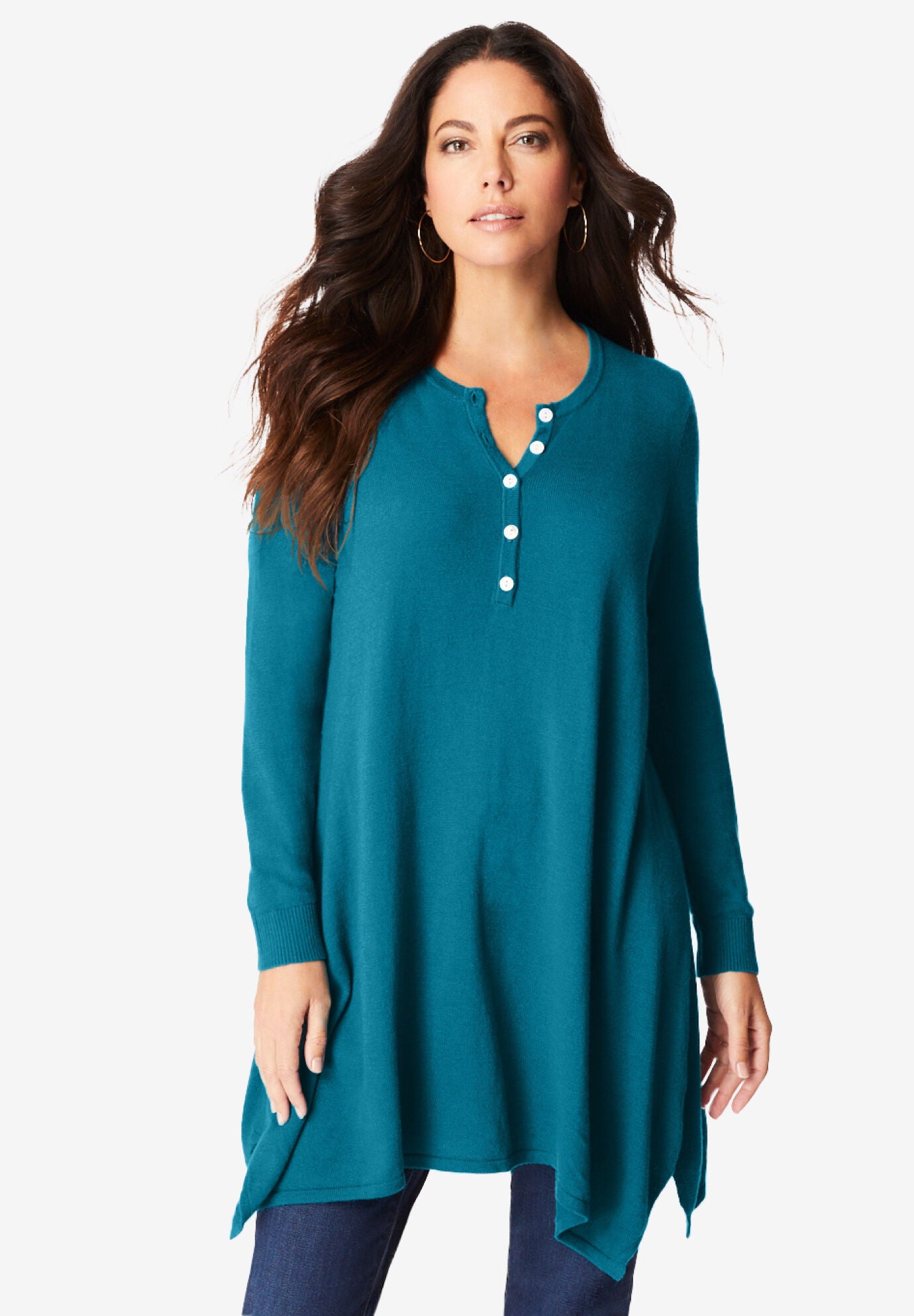 CashMORE Collection Hanky-Hem Henley, DEEP TEAL, hi-res image number 0