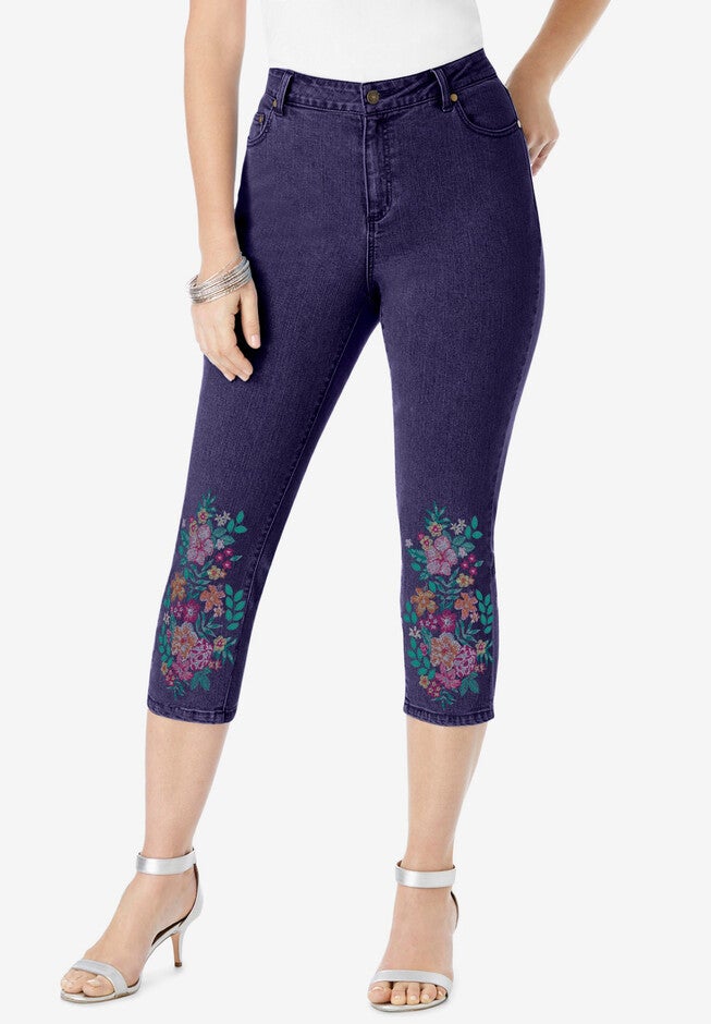 Floral Print Straight-Leg Capri Jean, DARK MULTI HIBISCUS, hi-res image number 0