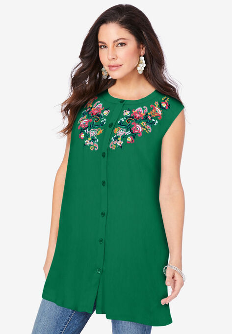 Sleeveless Embroidered Angelina Tunic, EMERALD FOLK EMBROIDERY, hi-res image number null