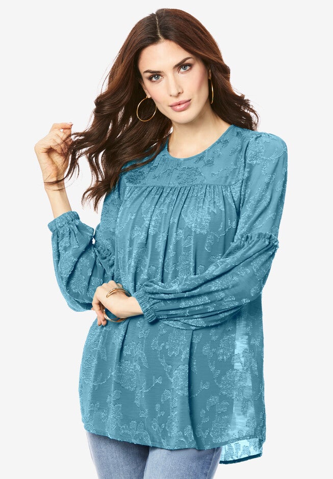 Textured Blouson-Sleeve Big Shirt., FROST TEAL, hi-res image number 0