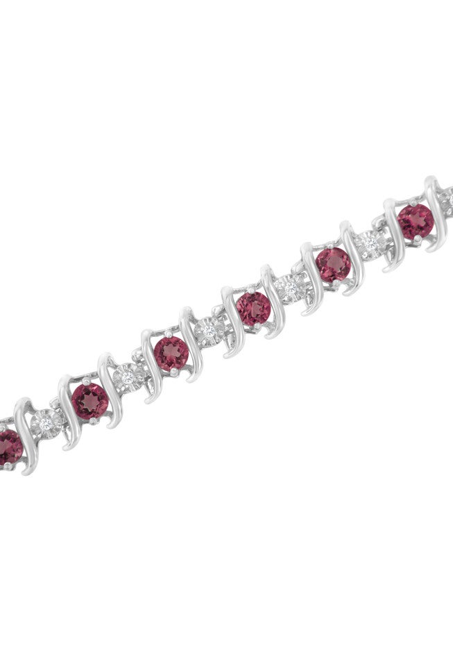 Sterling Silver Gemstone & Round Diamond Tennis Bracelet Pink Tourmaline October Birthstone, , alternate image number 3