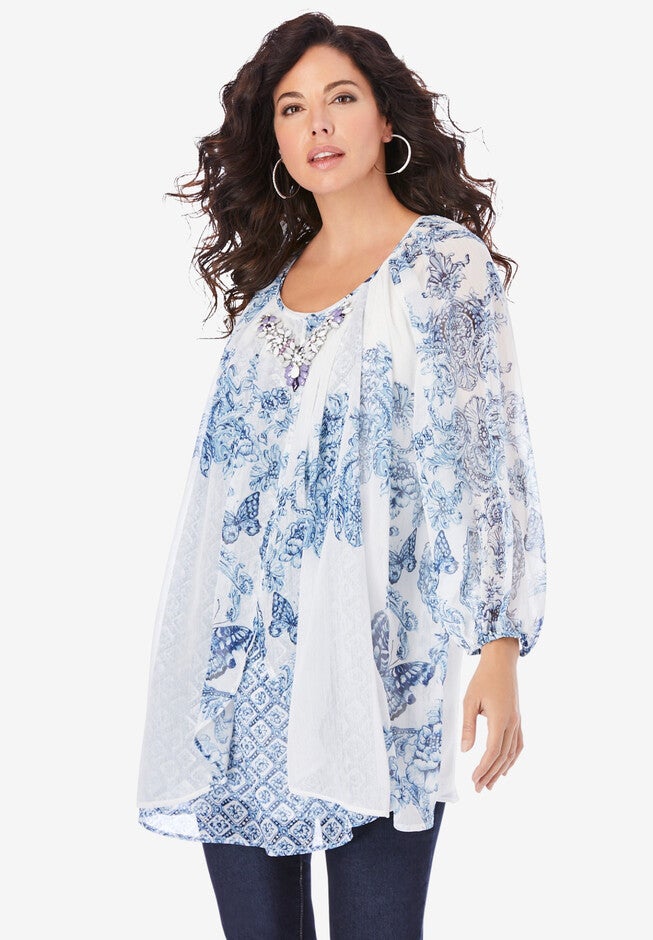 Embellished Print Top, BLUE PRINT, hi-res image number 0