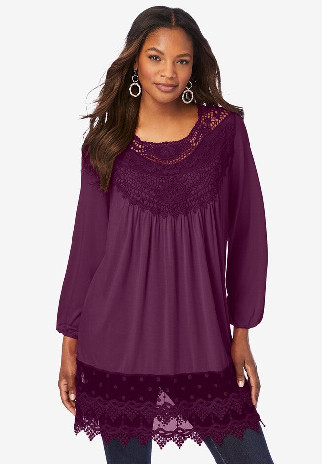 Scoopneck Lace Bib Tunic, DARK BERRY, hi-res image number null