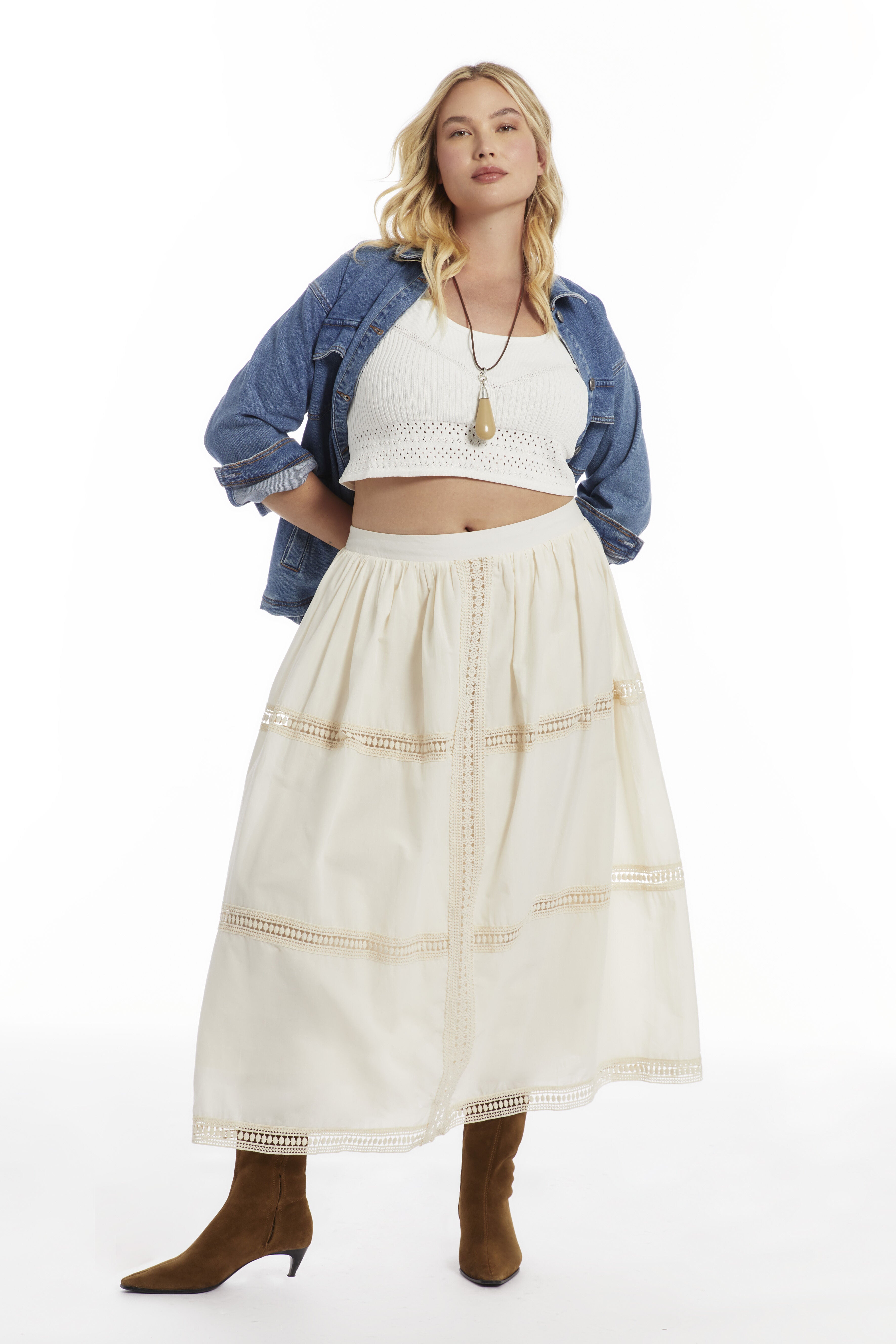 Lace Insert Midi Skirt, WARM CREAM, on-hover image number 1