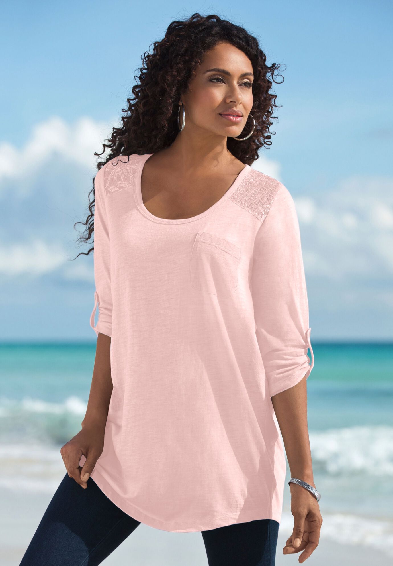 Textured Lace Trimmed Tunic, , alternate image number 2