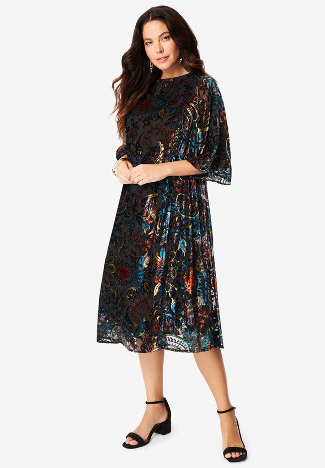 Velvet Burnout Swing Dress, BLACK BURNOUT, hi-res image number null